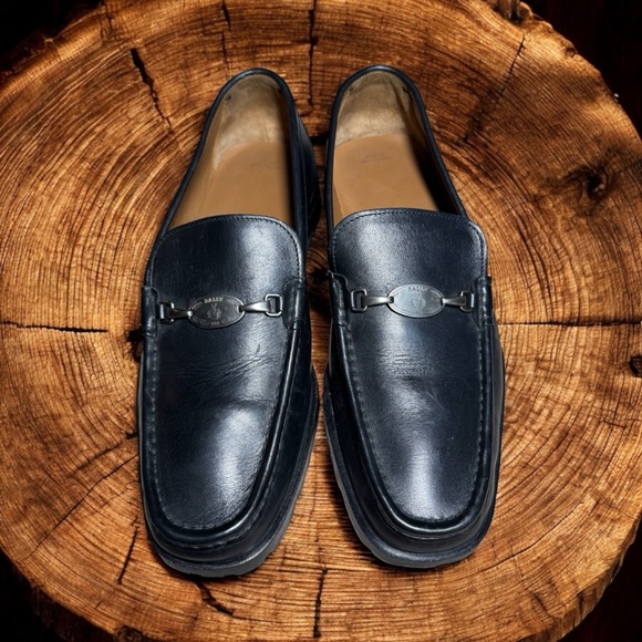 bally mens shoes size 8 E rubber sole black slip on leather made in Switzerland
